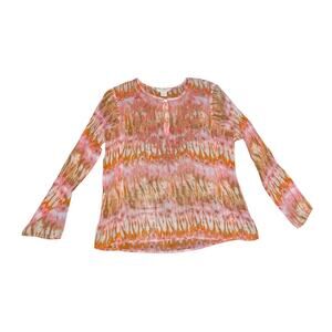 Sundance Women's 100% Silk Blouse Orange Pink Tie-Dye Boho Top Size PL